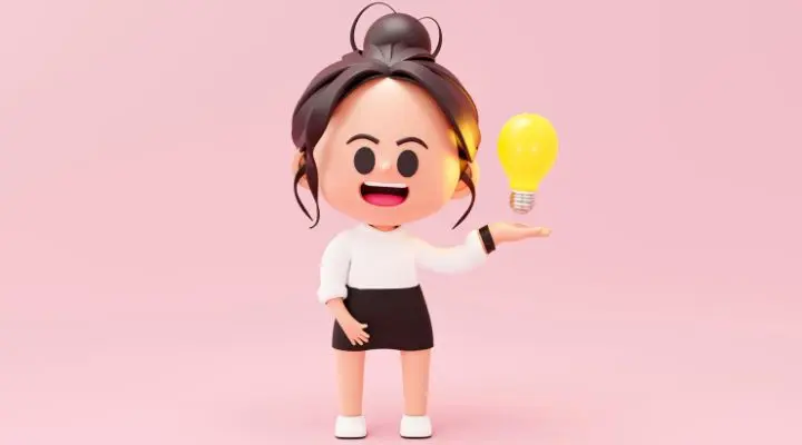 Una mujer de dibujos animados en 3D con un moño, una camisa blanca y una falda negra aparece sonriendo y sosteniendo una bombilla amarilla brillante sobre su mano contra un fondo rosa, perfecto para representar las ideas brillantes del público objetivo.