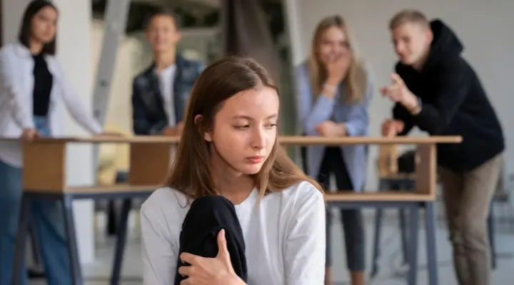 Una niña se sienta sola y parece triste mientras un grupo de adolescentes al fondo parecen chismorrear y señalarla, lo que pone de relieve el impacto del acoso laboral y la exclusión social entre iguales.