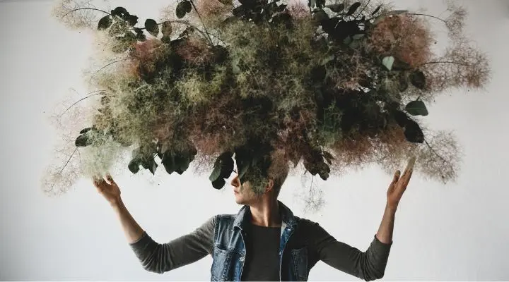 Una persona se encuentra de pie frente a un fondo sencillo, sosteniendo un arreglo grande y aireado de ramas y follaje sobre su cabeza: un guiño caprichoso al surrealista Mundo de Babel.