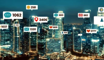 Ilustración digital del horizonte de una ciudad por la noche con varios íconos de redes sociales y números de participación, como me gusta, comentarios, acciones e insignias de calificación cero, superpuestos en los edificios iluminados.