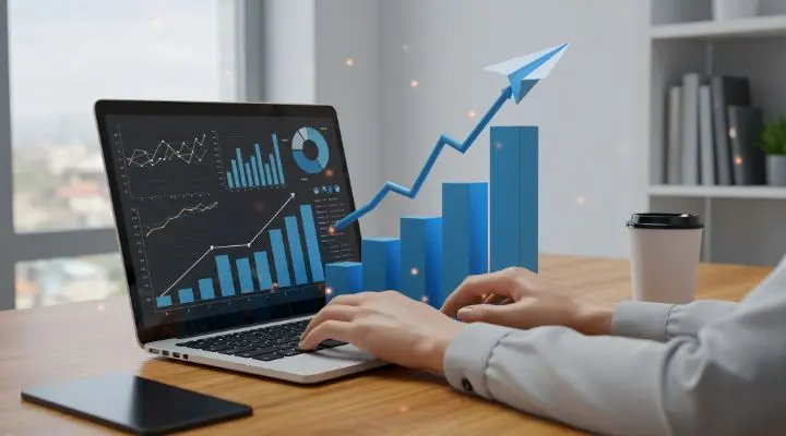 Persona escribiendo en una computadora portátil que muestra gráficos de datos, con una flecha ascendente en 3D y un gráfico de avión de papel que simboliza el crecimiento empresarial y estrategias growth de marketing de crecimiento.