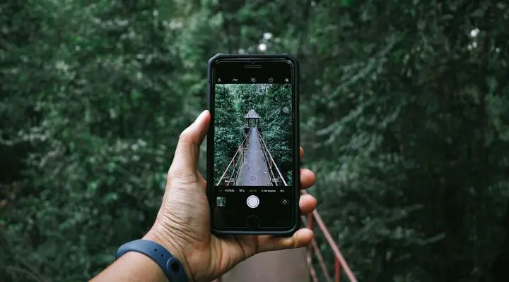 Una mano sostiene un teléfono inteligente, capturando una fotografía de un puente colgante rodeado de un denso bosque verde, un momento perfecto que recuerda la nostalgia del regreso de Kodak.