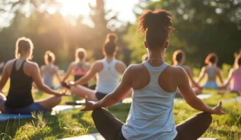 Un grupo de Early Boomers se sienta con las piernas cruzadas sobre colchonetas de yoga al aire libre, mirando al sol, participando en una sesión de yoga o meditación en una zona con césped.