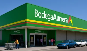 Exterior de un supermercado Bodega Aurrerá, la marca más valorada por los millennials, con una fachada verde, autos estacionados, carritos de compras y gente entrando por la entrada.