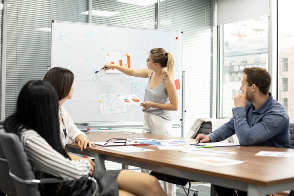 Un grupo de personas presentando ideas de inversión alrededor de una pizarra en una sala de reuniones acerca del pitch.