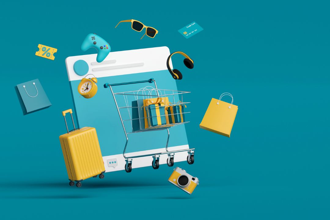 Iconos de lentes, bolsas, juegos, audífonos con un fondo azul sobre e-commerce