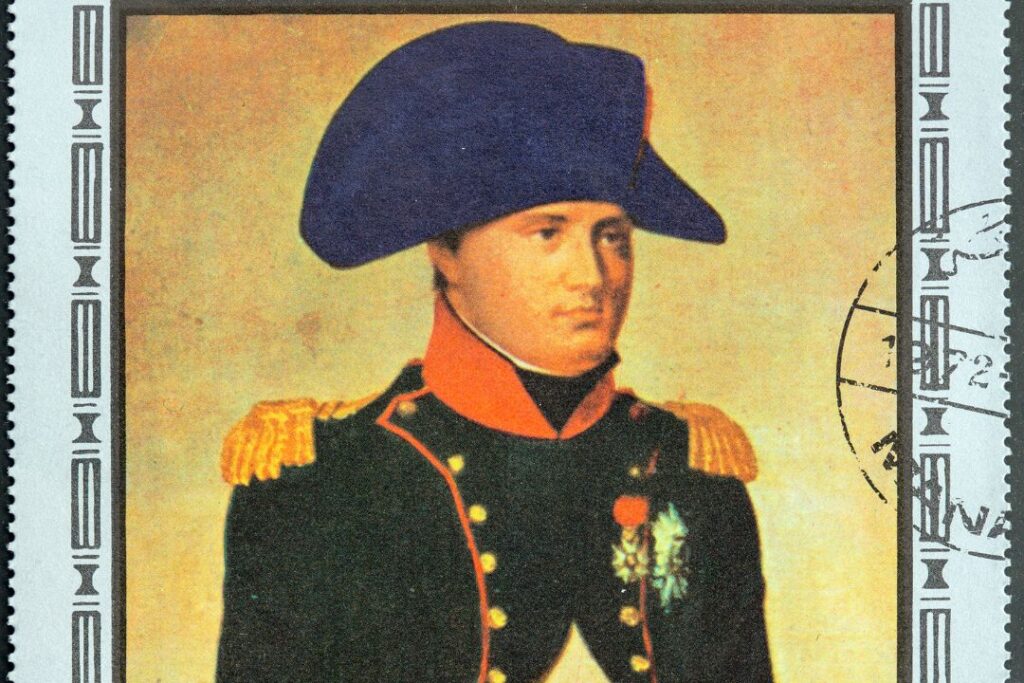 Un sello impreso en francia muestra un retrato de napoleón bonaparte.