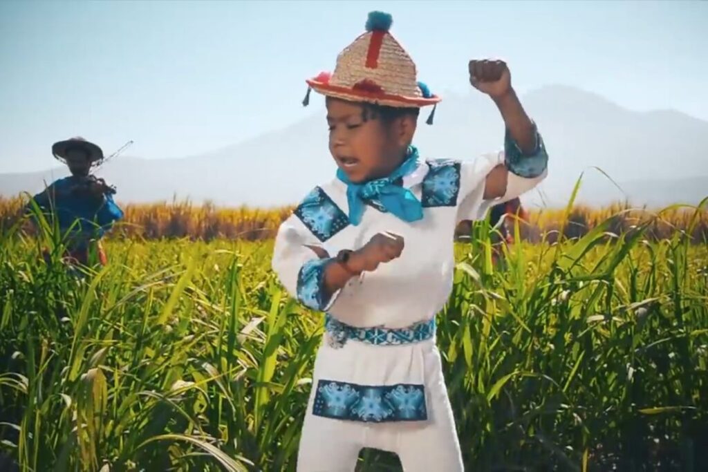 Un niño con un traje tradicional está parado en un campo, creando una imagen inolvidable.