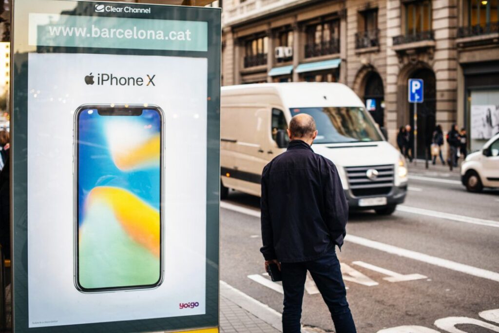 Un anuncio creativo colocado para el iPhone X en una calle de Barcelona, utilizando una estrategia de medios innovadora y publicidad exterior.