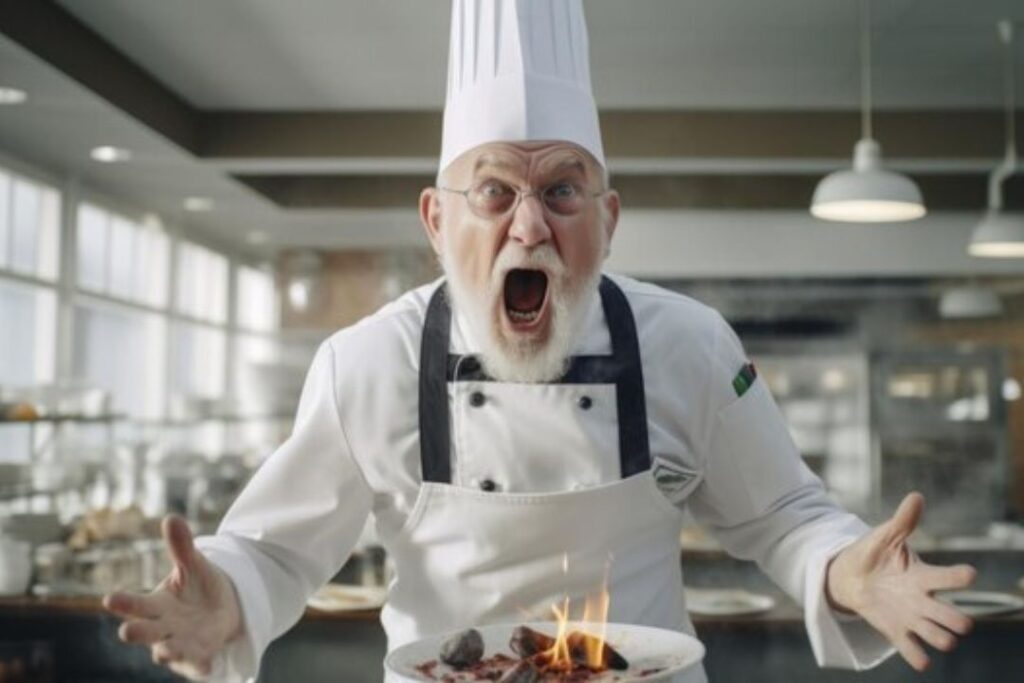 Un hombre con gorro de chef muestra su experiencia culinaria.