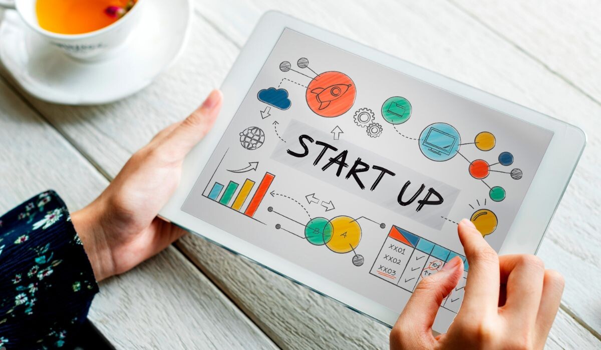 Una persona sostiene una tableta que muestra un concepto de startup dibujado a mano con varios garabatos coloridos, incluidos cuadros, gráficos e íconos, sobre una mesa de madera junto a una taza de té.