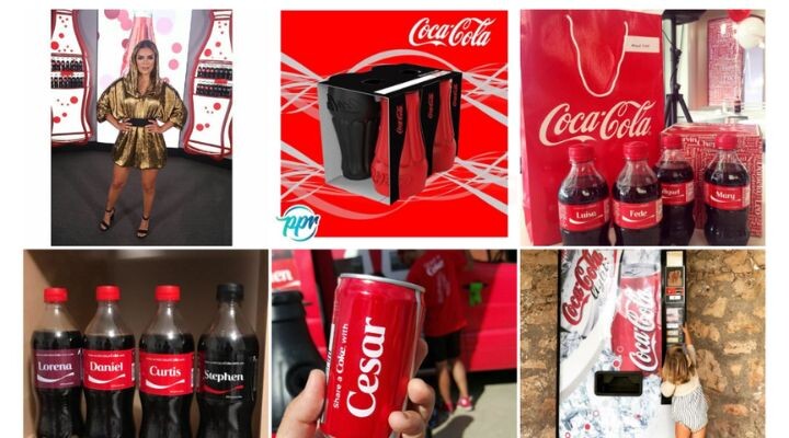 Collage de varios productos de Coca-Cola personalizados con nombres. Incluye botellas, latas y un dispensador. Una persona con un traje dorado se encuentra de pie junto a un expositor de marca que muestra contenido vibrante generado por los usuarios. User Generated Content