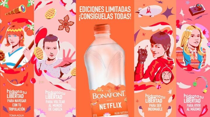 Imagen promocional que presenta a Bonafont y Netflix con ilustraciones estilizadas de los personajes. El foco central es una botella de Bonafont con el texto "Ediciones Limitadas ¡Consíguelas Todas!" encima.