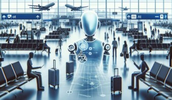 Una imagen compuesta digital de una escena de aeropuerto futurista con un gran robot humanoide en el centro, viajeros sentados con equipaje y aviones en el fondo.