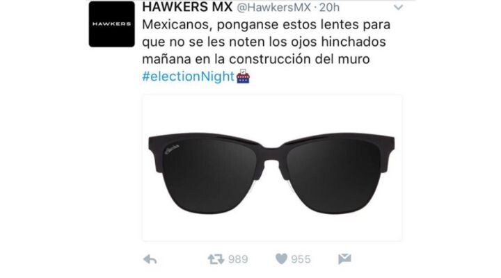 Captura de pantalla de un tuit de Hawkers MX que promociona lentes de sol y sugiere que los mexicanos los usen para ocultar la hinchazón de los ojos al día siguiente de un evento, con el hashtag #electionNight. La imagen de los lentes de sol negros subraya sutilmente su compromiso de mantener la reputación de marca.