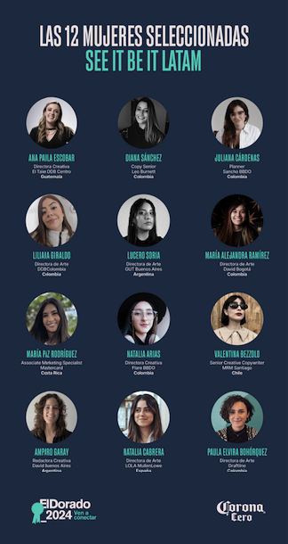 Un cartel que muestra a las talentosas mujeres de la iniciativa "See It Be It LATAM", con fotos y nombres junto con sus títulos y países en la industria creativa. En la parte inferior, se muestran de forma destacada los logotipos de El Dorado 2024 y Corona Cero.