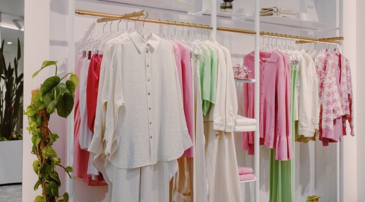 Un perchero muestra prendas blancas, rosas y verdes, incluidas camisas y suéteres. Colocada frente a una pared blanca con una pequeña planta cerca, esta escena resalta sutilmente la obsolescencia de las tendencias de moda rápida.