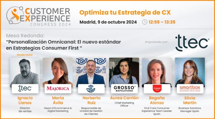 Banner para el Customer Experience Congress 2024 con ponentes y un moderador para una mesa redonda sobre estrategias de personalización omnicanal, patrocinada por TTEC, programada en Madrid el 9 de octubre.