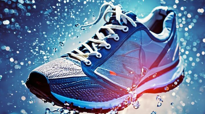 Una zapatilla deportiva azul y gris con cordones blancos, rodeada de gotas de agua salpicando, se representa sobre un fondo azul, ofreciendo indicaciones efectivas para un rendimiento vibrante. prompts efectivos