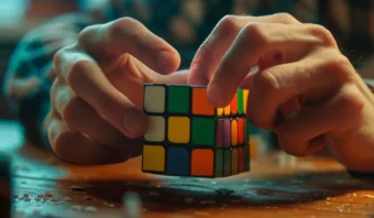 Las manos manipulan un cubo de Rubik parcialmente resuelto sobre una superficie de madera.