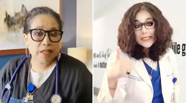 Dos mujeres vestidas con uniforme médico se paran como superhéroes: la de la izquierda lleva un uniforme oscuro y gafas, mientras que la de la derecha tiene el pelo rizado, una bata de laboratorio y está haciendo un gesto de aprobación con el pulgar.