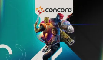 Personajes futuristas con armas adoptan poses dinámicas, frente a un logotipo que dice "Concord", evocando el apasionante mundo de los videojuegos.