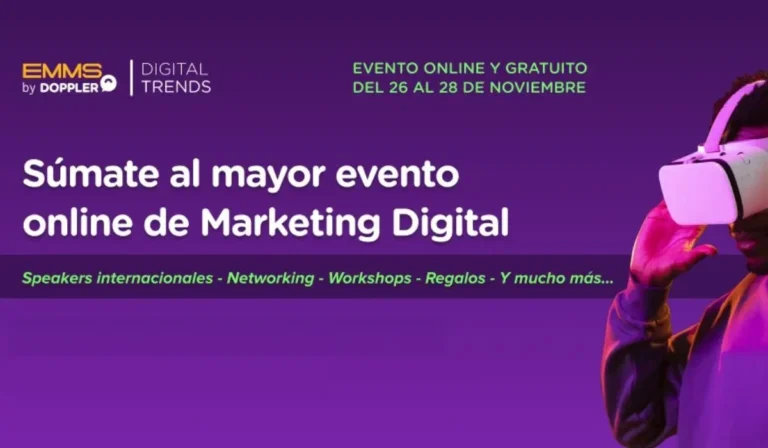 Imagen promocional del evento EMMS Digital Trends 2024, en la que aparece una persona con un casco de realidad virtual sobre un fondo violeta vibrante. Únase a nosotros del 26 al 28 de noviembre y explore el futuro del marketing digital.