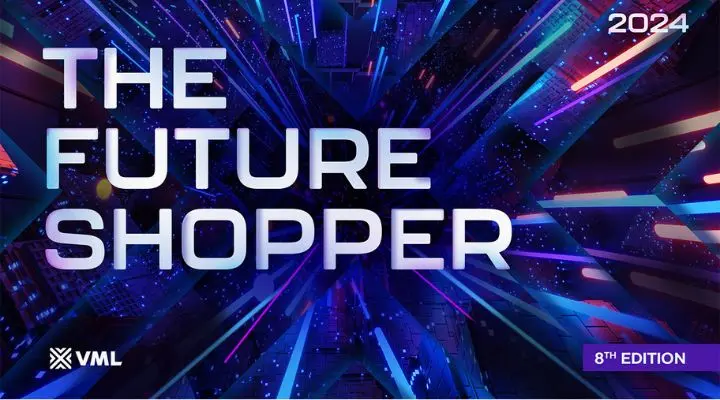 El texto de la octava edición del Future Shopper Report LATAM 2024 brilla en un contexto digital vibrante y futurista.