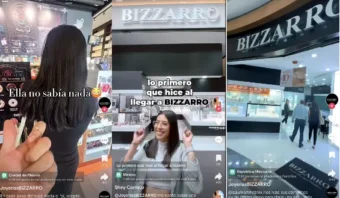 Tres capturas de pantalla de videos de TikTok de una persona comprando y navegando en una joyería Bizzarro.