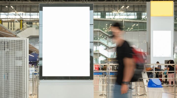 Una persona borrosa camina junto a un gran cartel publicitario en blanco en un entorno interior, evocando el concepto de un "Mundo sin publicidad" con gente y características del aeropuerto moviéndose en el fondo.