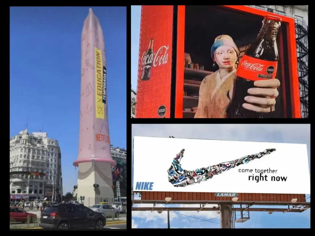 Una escena urbana con un rascacielos diseñado como un gran condón rosa. Cerca hay vallas publicitarias de Coca-Cola Reimagining "Girl with a Pearl Earring" y un anuncio de Nike con un logotipo en forma de collage. Ejemplos de publicidad exterior