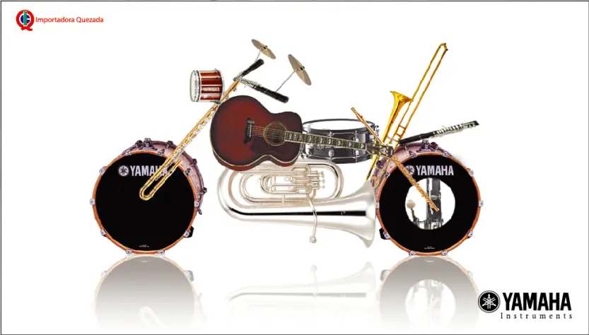 Una motocicleta está ingeniosamente compuesta por varios instrumentos musicales, entre ellos una guitarra, una trompeta, un trombón y una batería. Utiliza hábilmente figuras retóricas para realzar la marca Yamaha visible en su atrevido diseño.