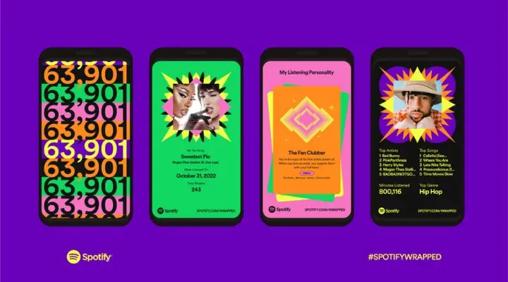 Cuatro smartphones muestran gráficos de Spotify Wrapped 2022, que destacan el consumo digital con estadísticas de escucha, los mejores artistas y géneros. El fondo es violeta y muestra Spotify y los logotipos #SPOTIFYWRAPPED.