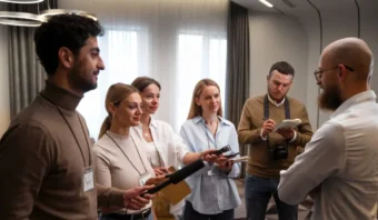 Un grupo de personas, de pie en una habitación, conversan. Algunas sostienen cuadernos y dispositivos de grabación.