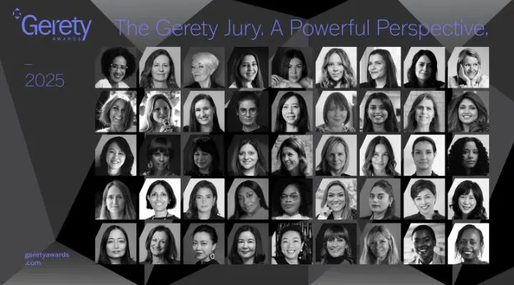 Collage de diversas personas con el texto "Grand Jury de Gerety Awards 2025. Una perspectiva poderosa. Gran Jurado de los Premios Gerety 2025". Escrito en la parte superior.