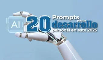 Una mano robótica que apunta con una superposición de texto: "AI 20 Prompts para tu desarrollo personal en este 2025".