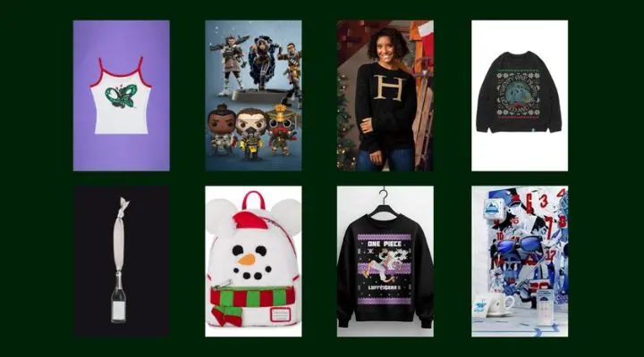 Un collage de diversos productos, que incluye artículos de regalo como camisetas sin mangas diseñadas, juguetes, suéteres con temas festivos, una espátula, una mochila de muñeco de nieve y un calendario sobre un fondo verde oscuro.