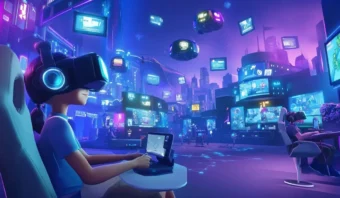 Personas que usan cascos de realidad virtual y utilizan dispositivos en un entorno de realidad virtual futurista lleno de pantallas flotantes y pantallas digitales.