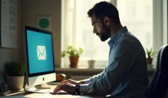 Una persona con una camisa azul usa una computadora de escritorio con un ícono de correo electrónico en la pantalla.