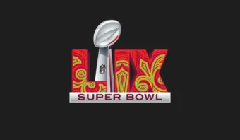 Logotipo del Super Bowl con números romanos "LIX" y un trofeo Vince Lombardi estilizado sobre un fondo negro con patrones rojos y amarillos.