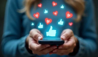 Persona que sostiene un teléfono inteligente con iconos de corazón y pulgares hacia arriba flotantes encima, que simbolizan la interacción y el compromiso en las redes sociales.