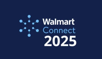 Logotipo de Walmart Connect 2025 sobre un fondo azul oscuro con un diseño de red a la izquierda.