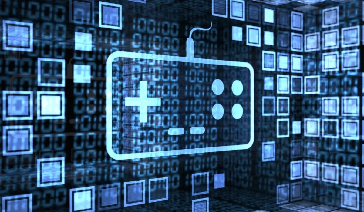 Un gráfico digital del ícono de un controlador de juego se superpone a un fondo de números binarios y formas cuadradas, que simbolizan la tecnología y los juegos.