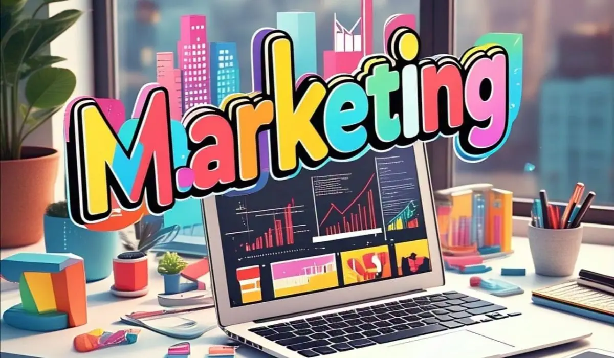 Una laptop con gráficos de marketing se encuentra sobre un escritorio colorido con la palabra "Marketing" en letras vibrantes y negritas encima. Se ve un paisaje urbano a través de la ventana.