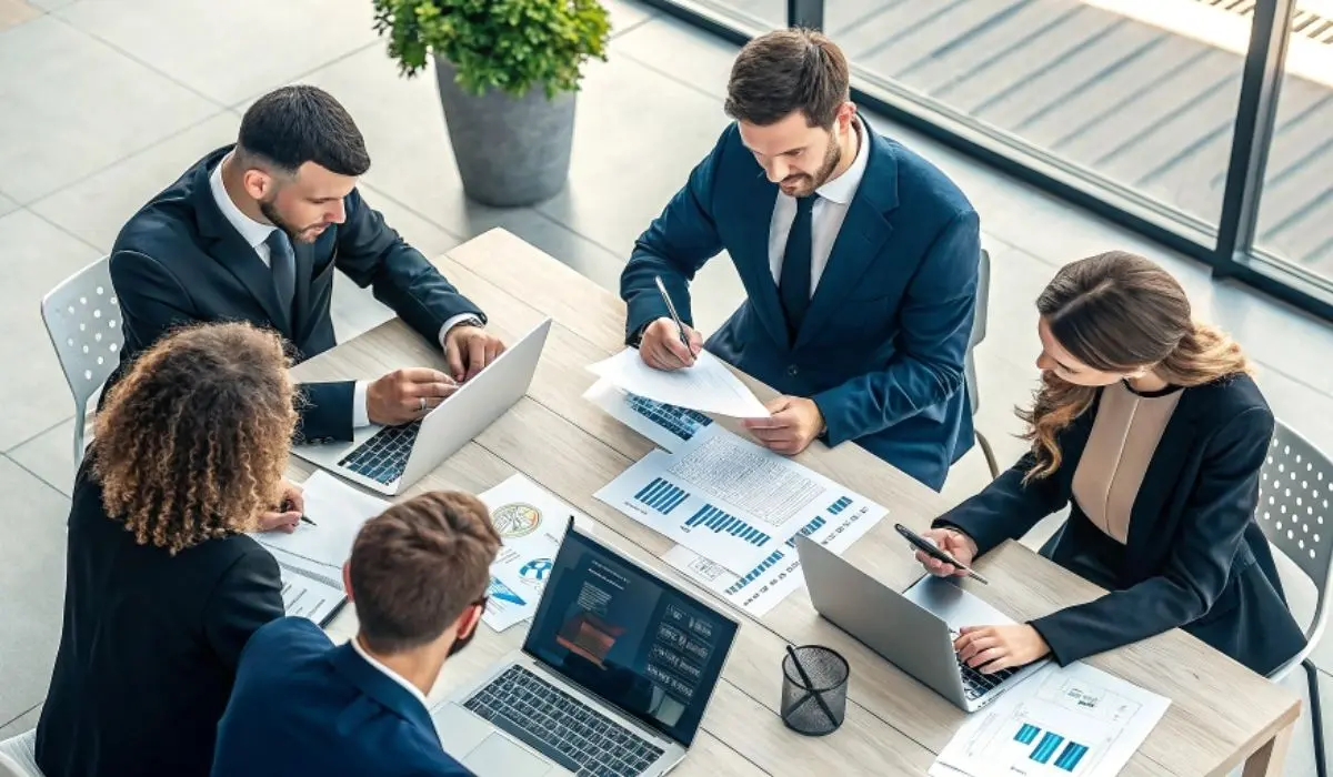 Cinco personas vestidas de negocios están sentadas alrededor de una mesa en una reunión, trabajando con computadoras portátiles y revisando documentos en un entorno de oficina moderno.