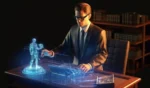 Un hombre de traje interactúa con una pantalla holográfica en su escritorio, que muestra una figura humana y elementos digitales, con estantes de libros en el fondo.