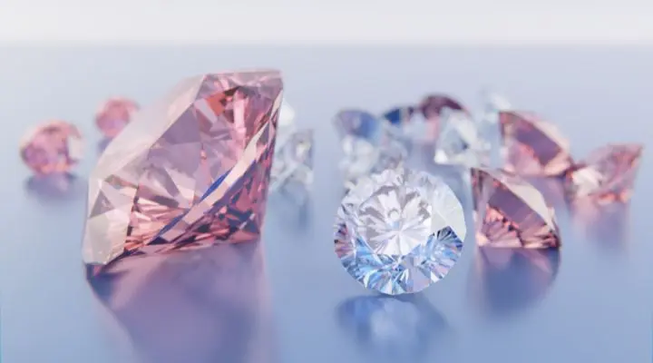 Un grupo de piedras preciosas facetadas en colores rosa, azul y transparente se encuentran esparcidas sobre una superficie lisa y reflectante, irradiando un aura de lujo.