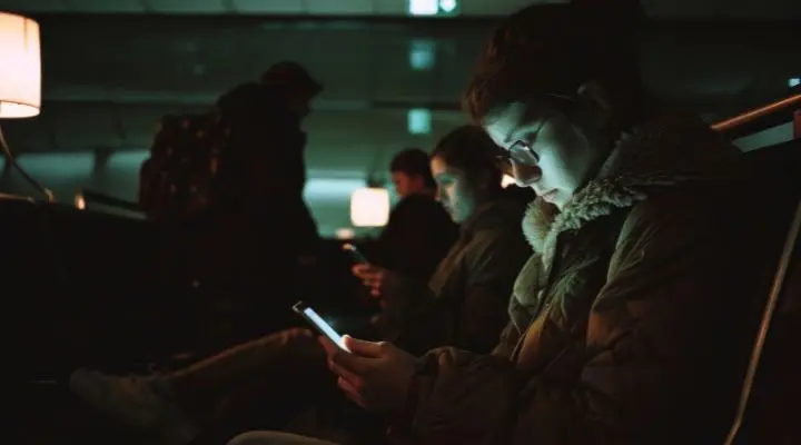 Varias personas están sentadas en una habitación con poca luz, iluminadas por sus teléfonos, lo que da una idea de la influencia de las redes sociales oscuras, con una persona en primer plano enfocada en una pantalla brillante.