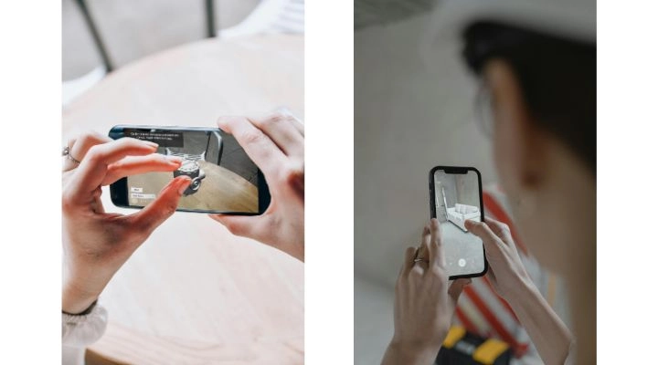 Dos personas usan teléfonos inteligentes para ver contenidos inmersivos, una muestra una silla en una mesa y la otra explora una imagen de realidad aumentada de un sofá en una habitación.