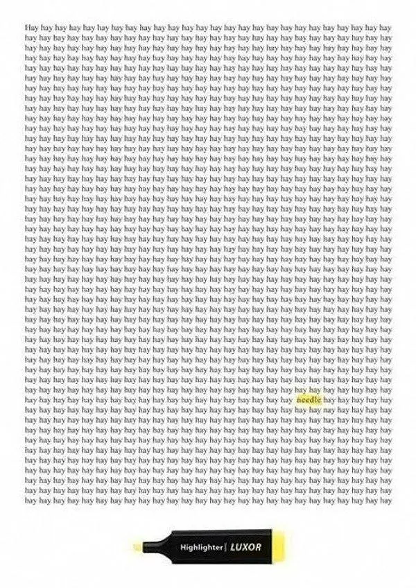 Una cuadrícula con la palabra "hay" repetida, con una sola palabra "hay" resaltada en amarillo cerca de la esquina inferior derecha. Un resaltador Luxor amarillo se coloca debajo de la cuadrícula, ideal para anuncios creativos que llaman la atención.